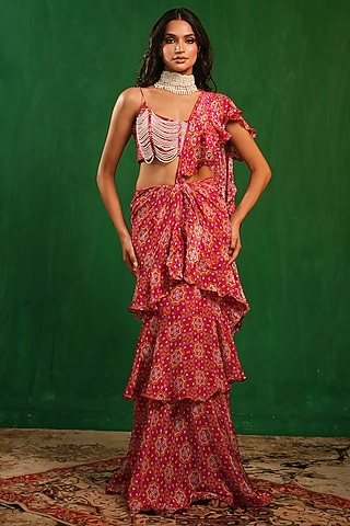 Fuchsia Crepe Digital Printed Ruffle Tiered Draped Saree Set by AHI CLOTHING