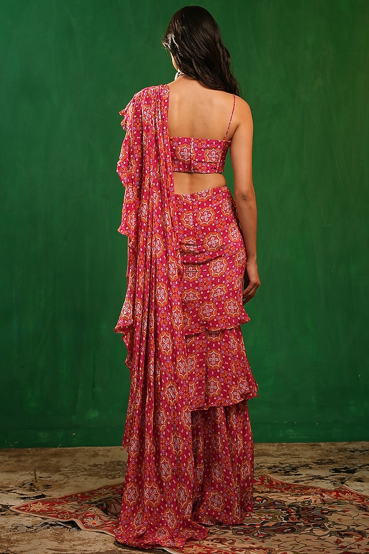 Fuchsia Crepe Digital Printed Ruffle Tiered Draped Wedding Saree Set by AHI CLOTHING at Pernia's Pop Up Shop