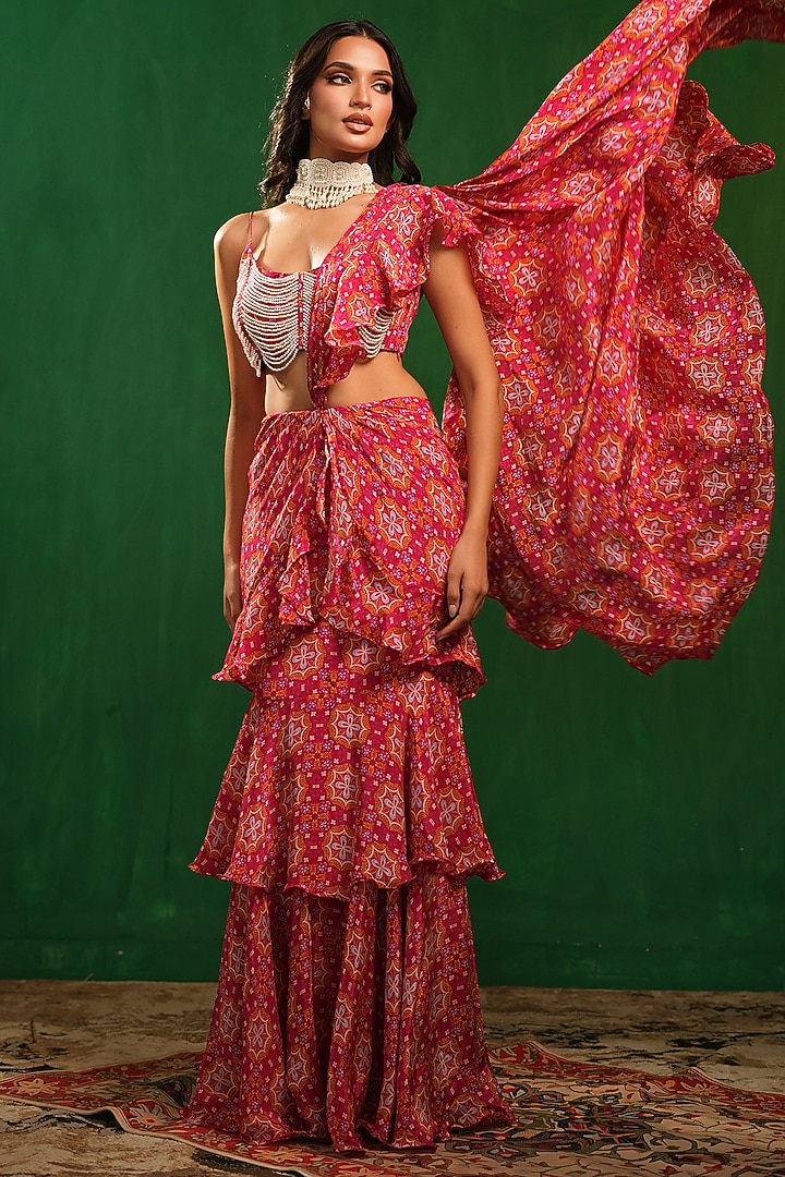 Fuchsia Crepe Digital Printed Ruffle Tiered Draped Wedding Saree Set by AHI CLOTHING at Pernia's Pop Up Shop