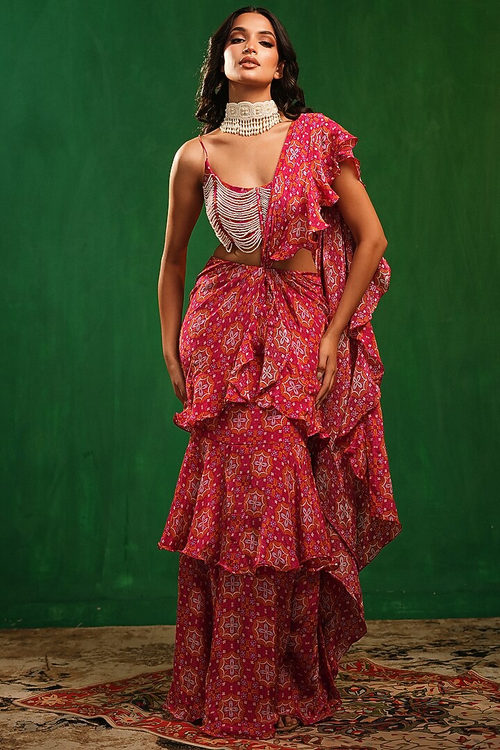 Fuchsia Crepe Digital Printed Ruffle Tiered Draped Wedding Saree Set by AHI CLOTHING at Pernia's Pop Up Shop