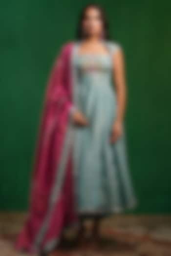 Aqua Blue Tissue Silk Floral Embroidered Wedding Anarkali Set by AHI CLOTHING at Pernia's Pop Up Shop