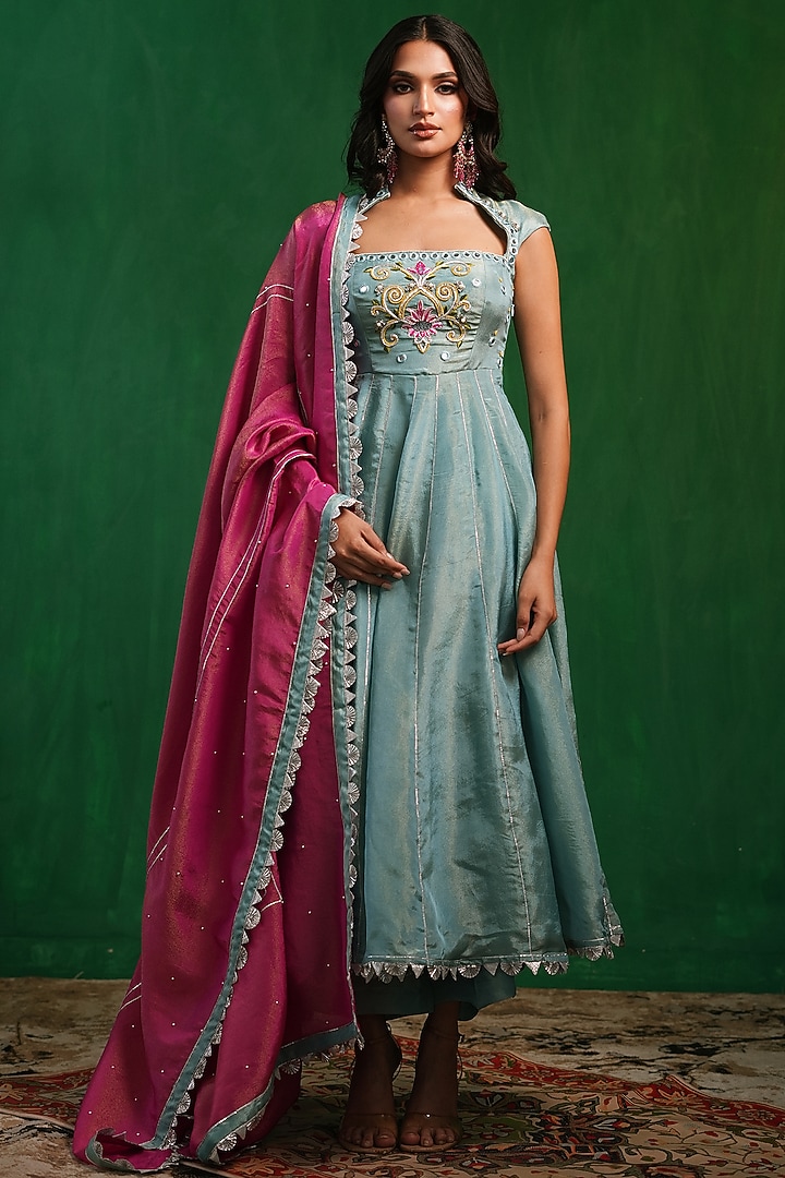 Aqua Blue Tissue Silk Floral Embroidered Wedding Anarkali Set by AHI CLOTHING at Pernia's Pop Up Shop