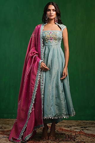 Aqua Blue Tissue Silk Floral Embroidered Anarkali Set by AHI CLOTHING