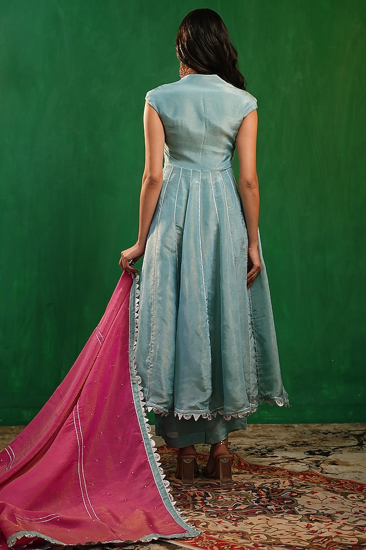 Aqua Blue Tissue Silk Floral Embroidered Wedding Anarkali Set by AHI CLOTHING at Pernia's Pop Up Shop