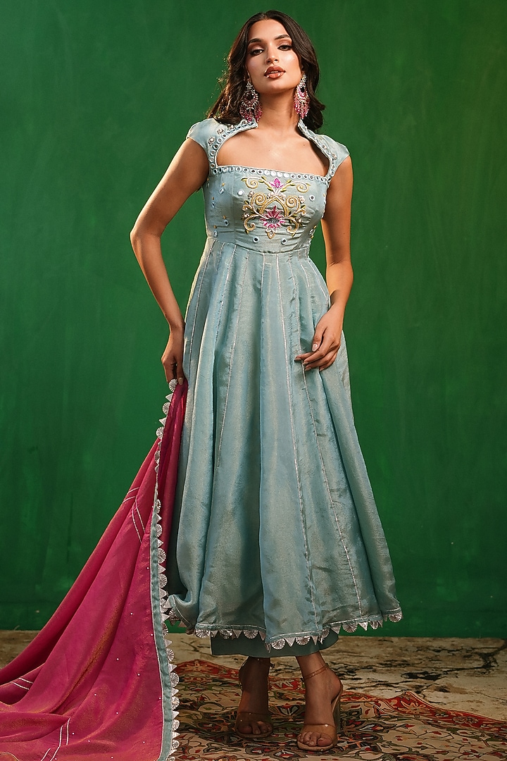 Aqua Blue Tissue Silk Floral Embroidered Wedding Anarkali Set by AHI CLOTHING at Pernia's Pop Up Shop