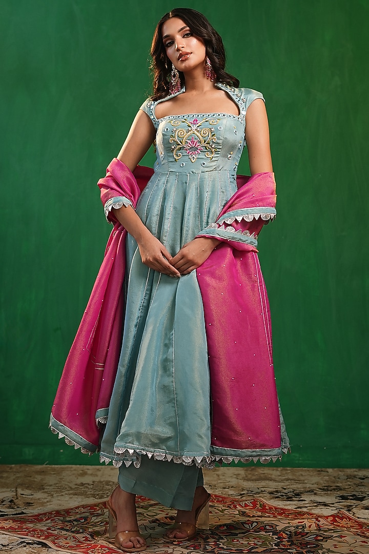 Aqua Blue Tissue Silk Floral Embroidered Wedding Anarkali Set by AHI CLOTHING at Pernia's Pop Up Shop