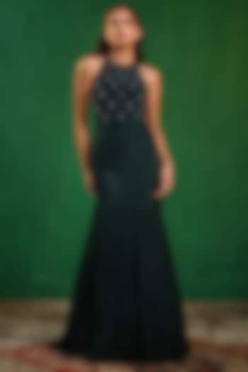 Midnight Green Imported Lycra & Crepe Draped Skirt Set by AHI CLOTHING at Pernia's Pop Up Shop