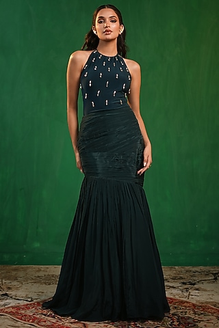 Midnight Green Imported Lycra & Crepe Draped Skirt Set by AHI CLOTHING