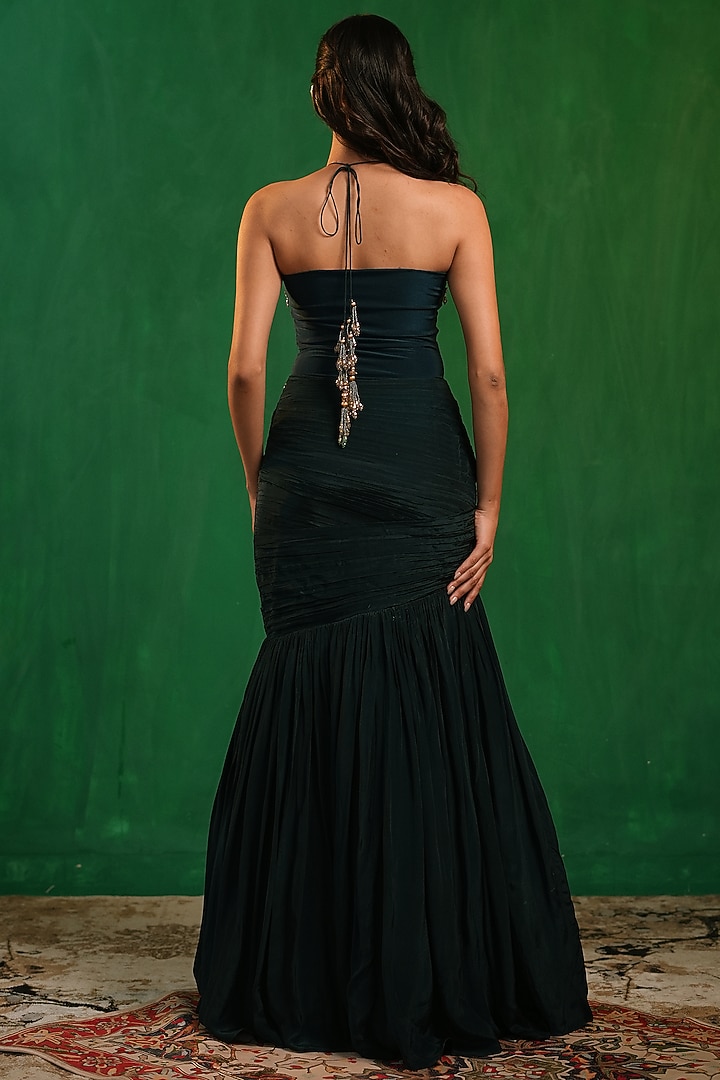 Midnight Green Imported Lycra & Crepe Draped Skirt Set by AHI CLOTHING at Pernia's Pop Up Shop
