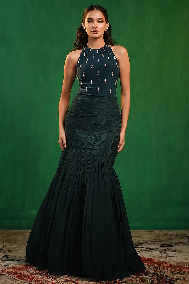 Midnight Green Imported Lycra & Crepe Draped Skirt Set by AHI CLOTHING at Pernia's Pop Up Shop