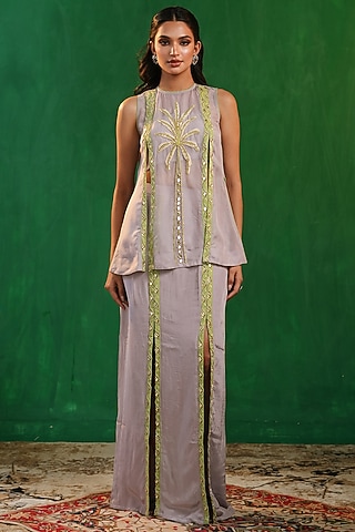 Lilac-Lime Green Georgette Straight Skirt Set by AHI CLOTHING
