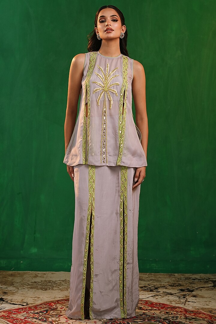 Lilac-Lime Green Georgette Straight Skirt Set by AHI CLOTHING at Pernia's Pop Up Shop