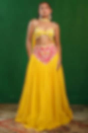 Bright Yellow Crepe Embroidered Wedding Lehenga Set by AHI CLOTHING at Pernia's Pop Up Shop