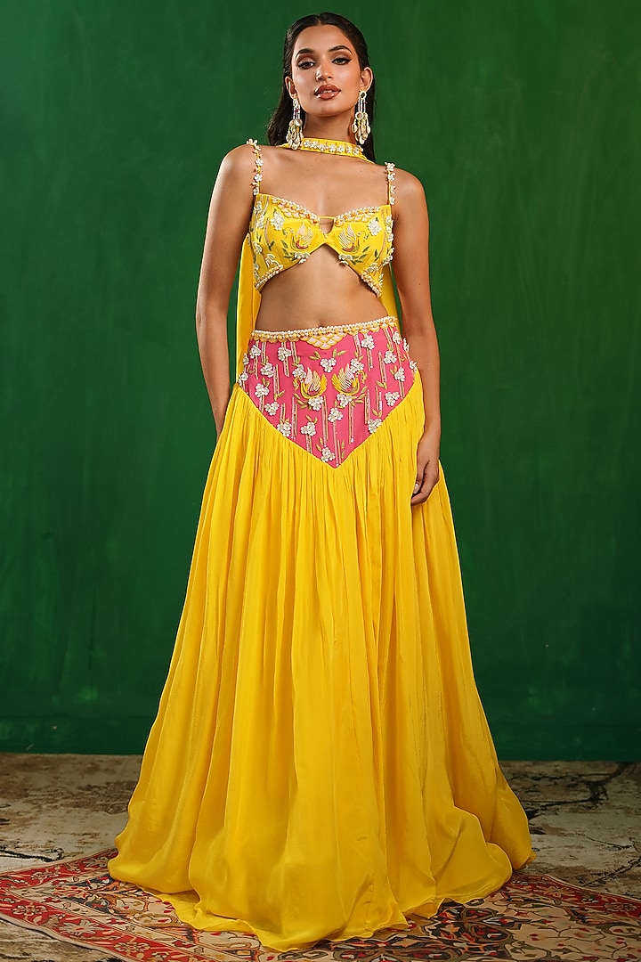 Bright Yellow Crepe Embroidered Wedding Lehenga Set by AHI CLOTHING at Pernia's Pop Up Shop