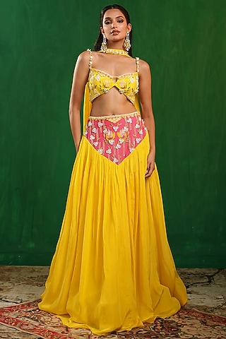 Bright Yellow Crepe Embroidered Lehenga Set by AHI CLOTHING