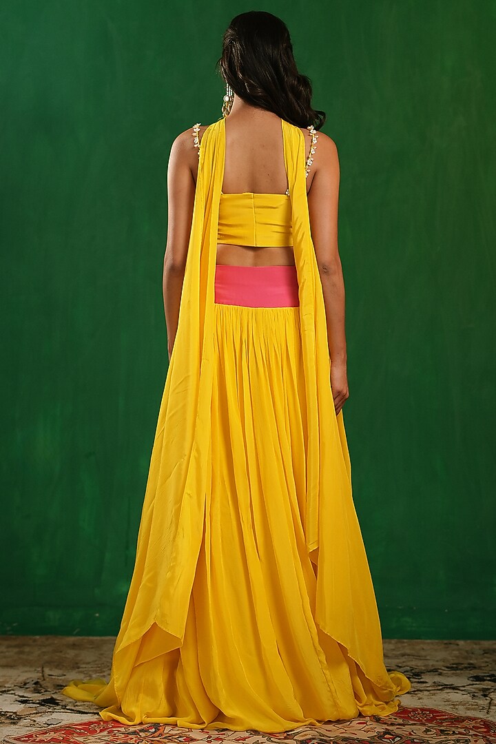 Bright Yellow Crepe Embroidered Wedding Lehenga Set by AHI CLOTHING at Pernia's Pop Up Shop