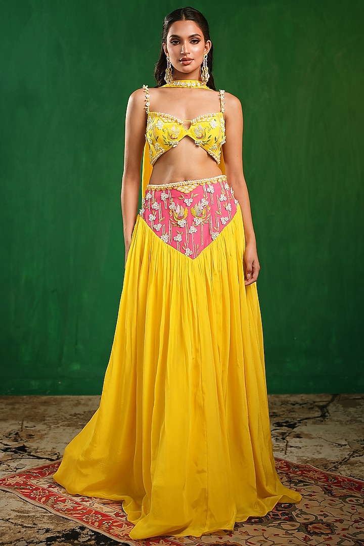 Bright Yellow Crepe Embroidered Wedding Lehenga Set by AHI CLOTHING at Pernia's Pop Up Shop