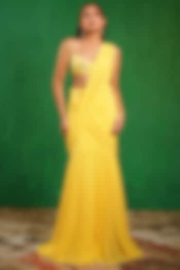 Sunshine Yellow Imported Crepe & Lycra Net Draped Wedding Saree Set by AHI CLOTHING at Pernia's Pop Up Shop