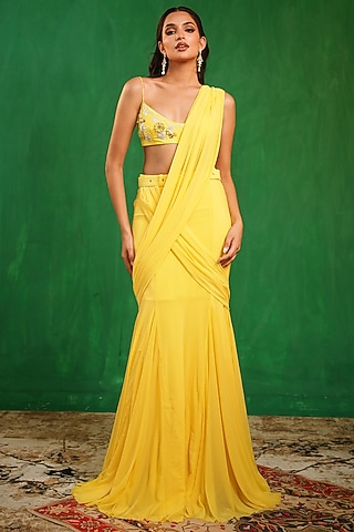 Sunshine Yellow Imported Crepe & Lycra Net Draped Saree Set by AHI CLOTHING