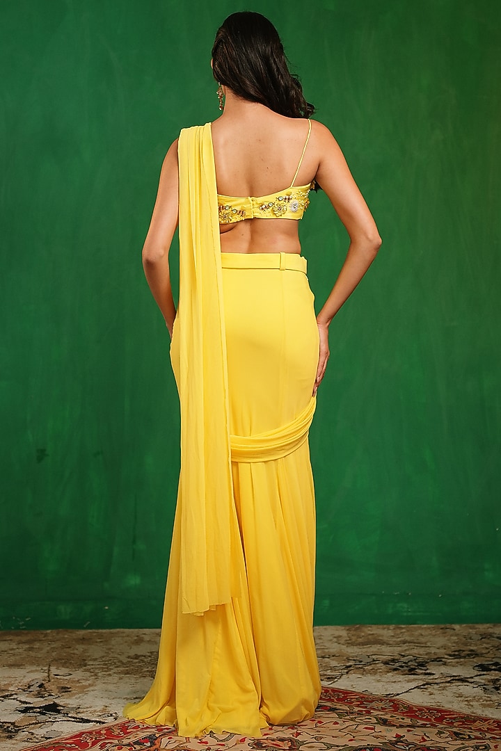 Sunshine Yellow Imported Crepe & Lycra Net Draped Wedding Saree Set by AHI CLOTHING at Pernia's Pop Up Shop
