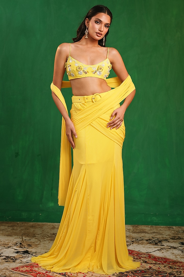 Sunshine Yellow Imported Crepe & Lycra Net Draped Wedding Saree Set by AHI CLOTHING at Pernia's Pop Up Shop