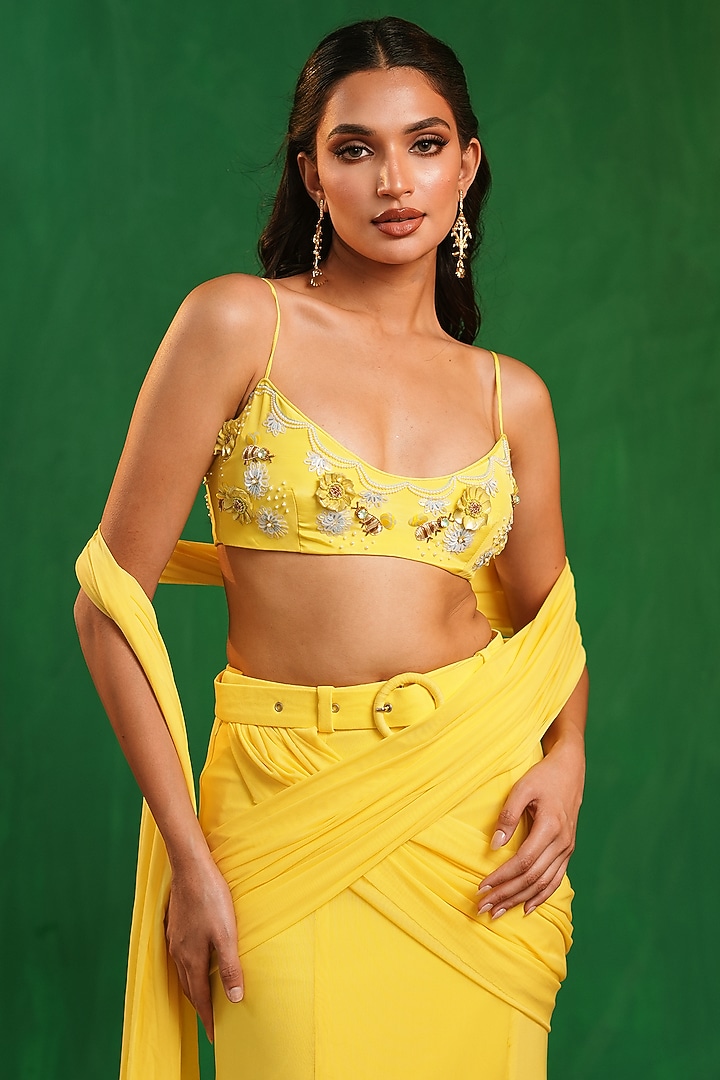 Sunshine Yellow Imported Crepe & Lycra Net Draped Wedding Saree Set by AHI CLOTHING at Pernia's Pop Up Shop
