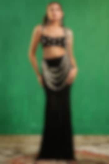 Matte Black Imported Crepe & Lycra Net Draped Wedding Saree Set by AHI CLOTHING at Pernia's Pop Up Shop