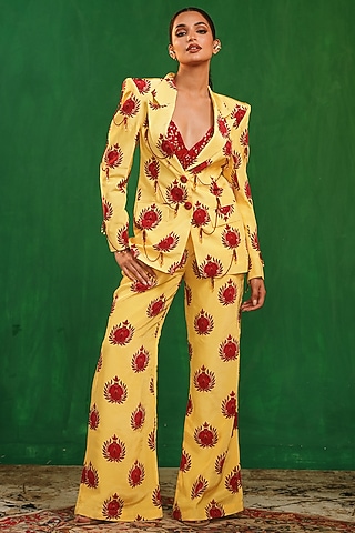 Yellow Imported Crepe Printed Blazer Set by AHI CLOTHING