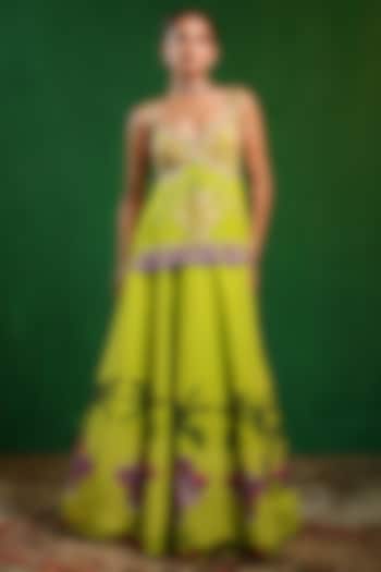 Green Heavy Crepe Printed Flared Wedding Lehenga Set by AHI CLOTHING at Pernia's Pop Up Shop