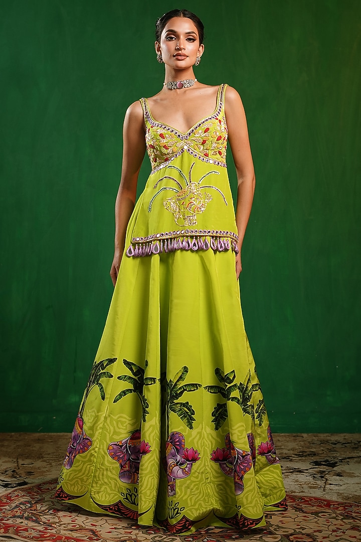 Green Heavy Crepe Printed Flared Wedding Lehenga Set by AHI CLOTHING at Pernia's Pop Up Shop