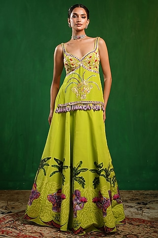 Green Heavy Crepe Printed Flared Lehenga Set by AHI CLOTHING