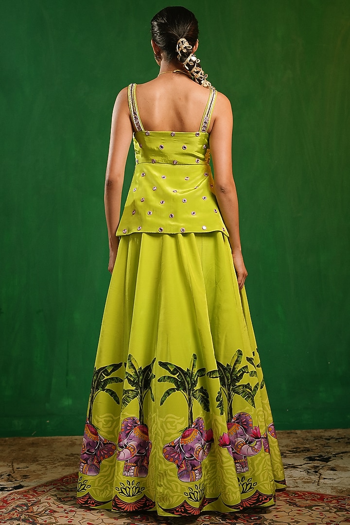 Green Heavy Crepe Printed Flared Wedding Lehenga Set by AHI CLOTHING at Pernia's Pop Up Shop