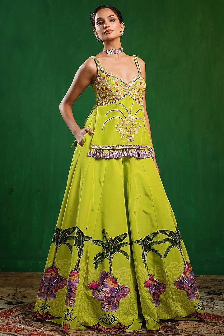 Green Heavy Crepe Printed Flared Wedding Lehenga Set by AHI CLOTHING at Pernia's Pop Up Shop