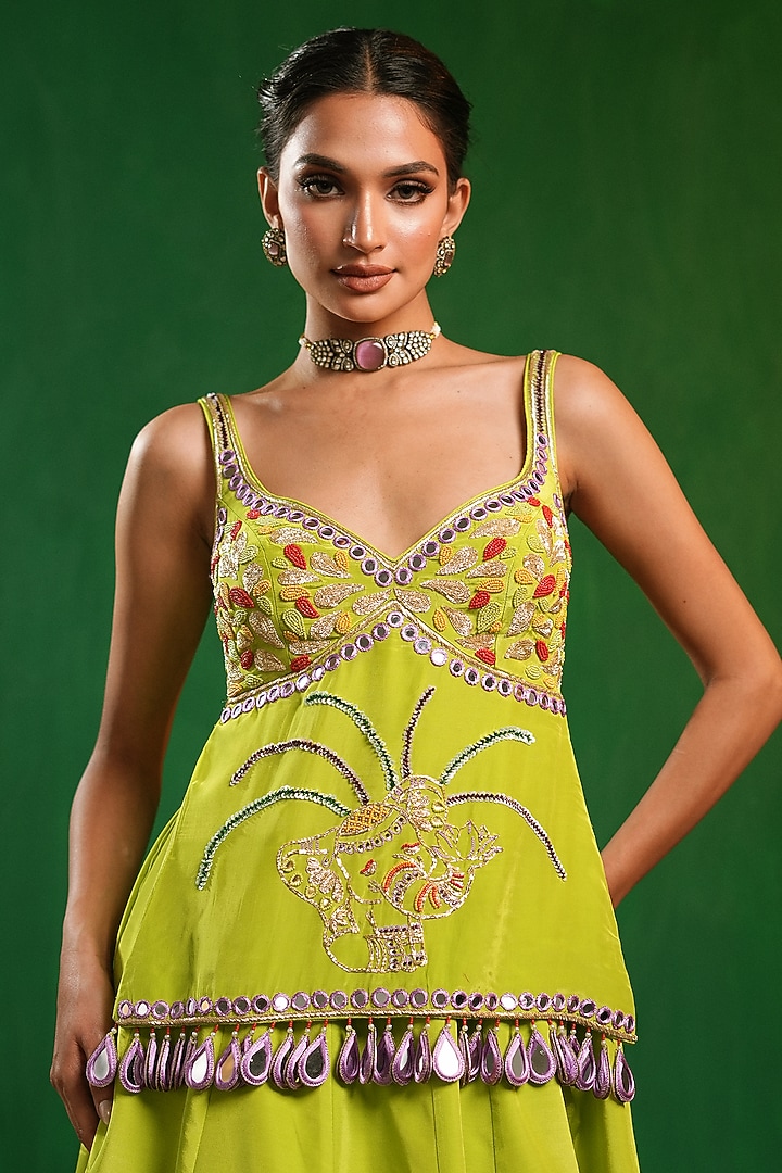 Green Heavy Crepe Printed Flared Wedding Lehenga Set by AHI CLOTHING at Pernia's Pop Up Shop