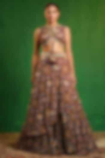  Maroon Georgette Digital Printed & Mirror Work Flared Wedding Lehenga Set by AHI CLOTHING at Pernia's Pop Up Shop