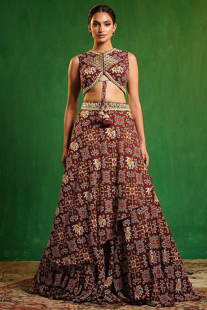  Maroon Georgette Digital Printed & Mirror Work Flared Wedding Lehenga Set by AHI CLOTHING at Pernia's Pop Up Shop