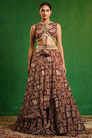  Maroon Georgette Digital Printed & Mirror Work Flared Lehenga Set by AHI CLOTHING