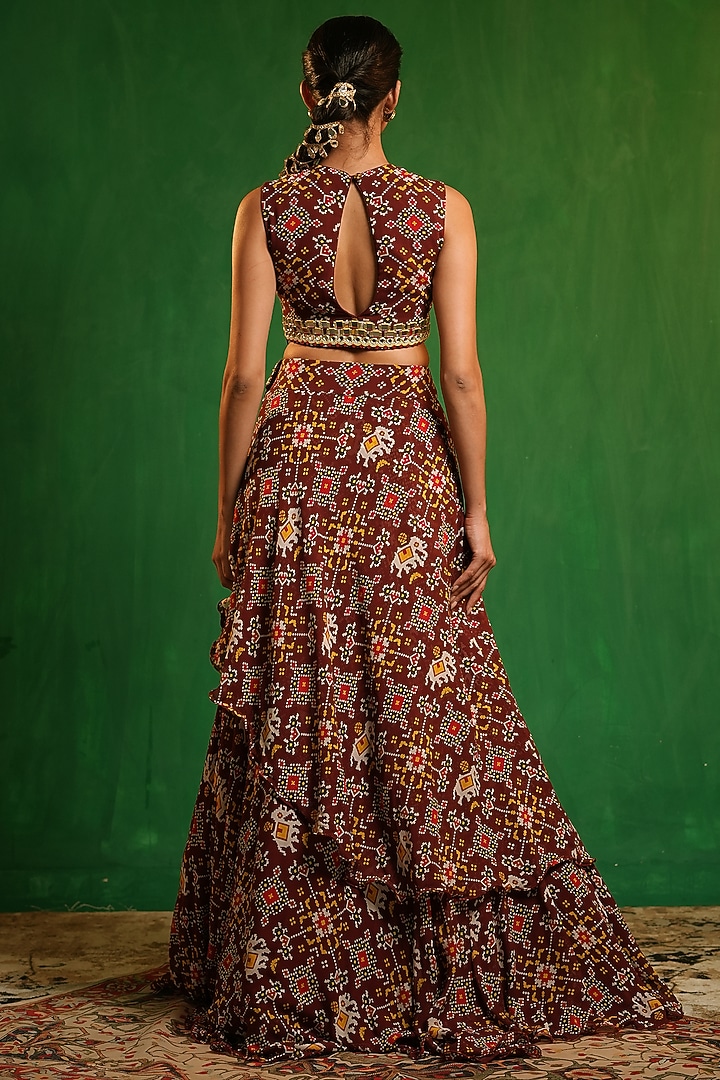  Maroon Georgette Digital Printed & Mirror Work Flared Wedding Lehenga Set by AHI CLOTHING at Pernia's Pop Up Shop
