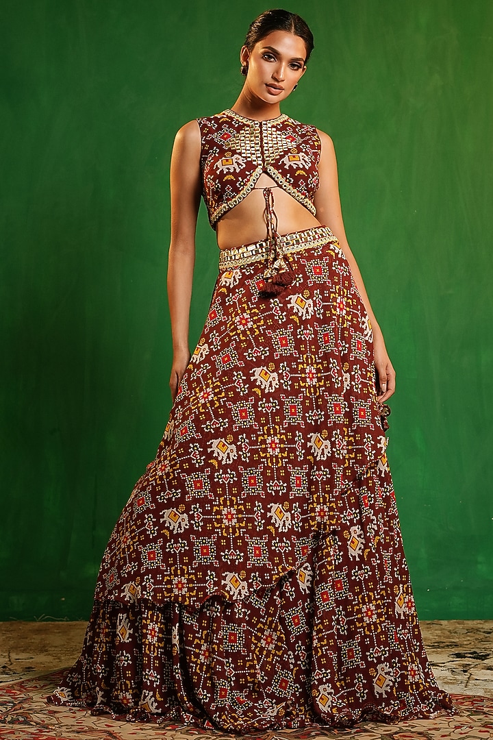  Maroon Georgette Digital Printed & Mirror Work Flared Wedding Lehenga Set by AHI CLOTHING at Pernia's Pop Up Shop
