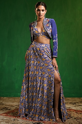 Blue Crepe Digital Printed Skirt Set by AHI CLOTHING