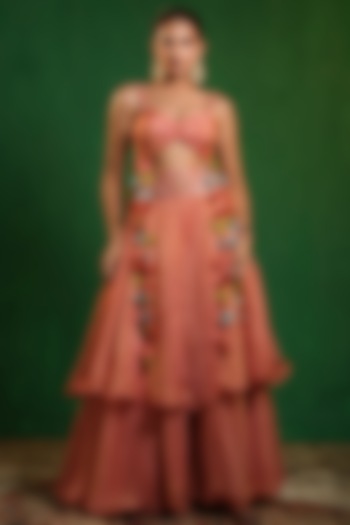 Peach Pink  Tissue silk Thread Embroidered Wedding Lehenga Set by AHI CLOTHING at Pernia's Pop Up Shop
