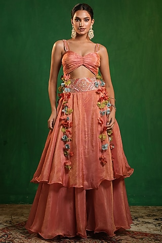 Peach Pink  Tissue silk Thread Embroidered Lehenga Set by AHI CLOTHING
