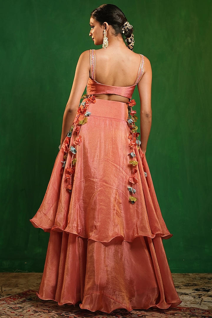 Peach Pink Tissue silk Thread Embroidered Wedding Lehenga Set by AHI CLOTHING at Pernia's Pop Up Shop