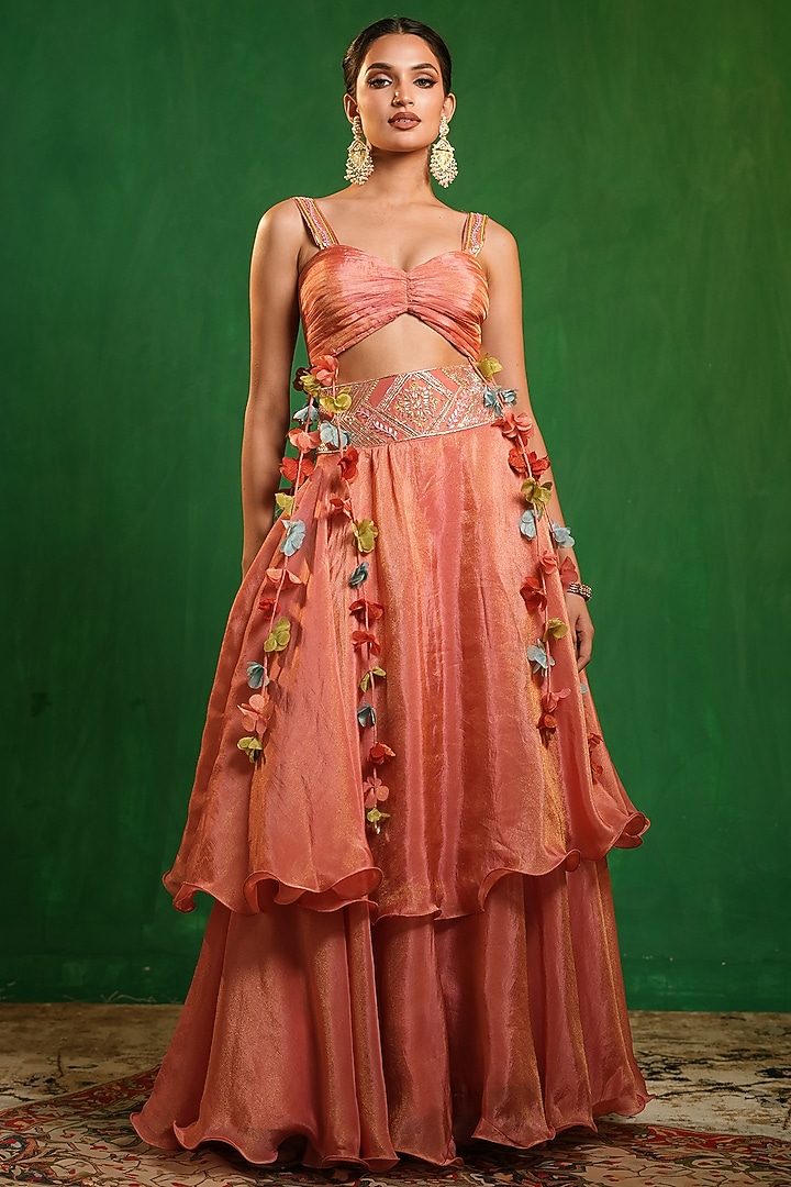 Peach Pink  Tissue silk Thread Embroidered Wedding Lehenga Set by AHI CLOTHING at Pernia's Pop Up Shop