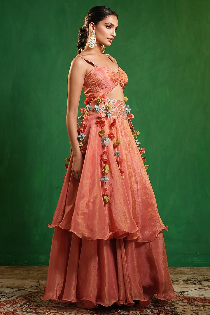 Peach Pink Tissue silk Thread Embroidered Wedding Lehenga Set by AHI CLOTHING at Pernia's Pop Up Shop