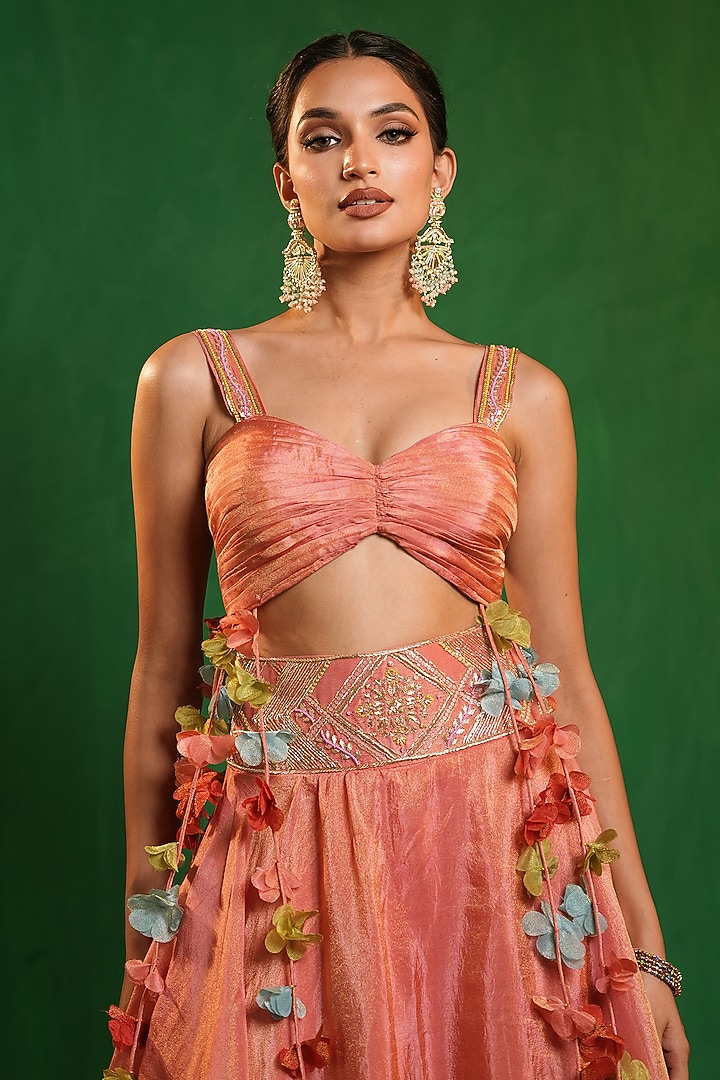 Peach Pink  Tissue silk Thread Embroidered Wedding Lehenga Set by AHI CLOTHING at Pernia's Pop Up Shop