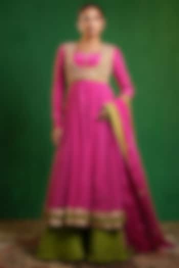 Fuchsia Pink Crepe & Glass Organza Wedding Anarkali Set by AHI CLOTHING at Pernia's Pop Up Shop