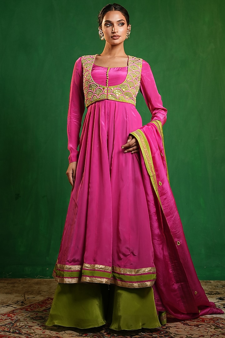 Fuchsia Pink Crepe & Glass Organza Wedding Anarkali Set by AHI CLOTHING at Pernia's Pop Up Shop