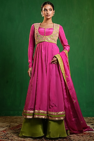 Fuchsia Pink Crepe & Glass Organza Anarkali Set by AHI CLOTHING