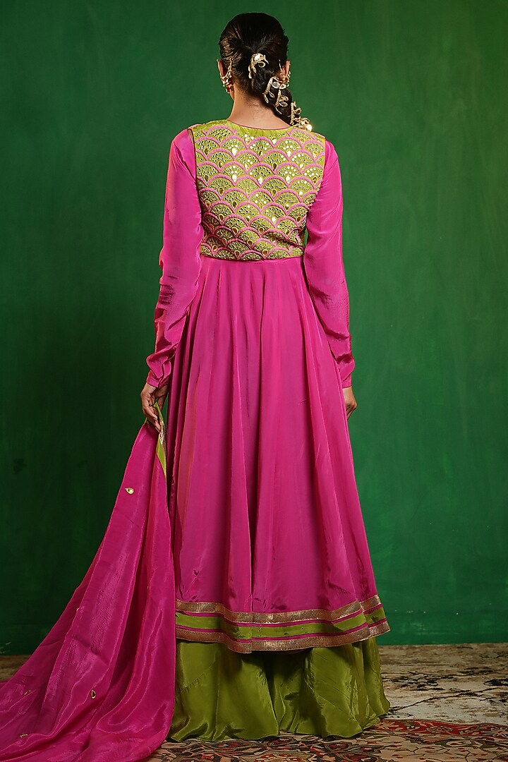 Fuchsia Pink Crepe & Glass Organza Wedding Anarkali Set by AHI CLOTHING at Pernia's Pop Up Shop